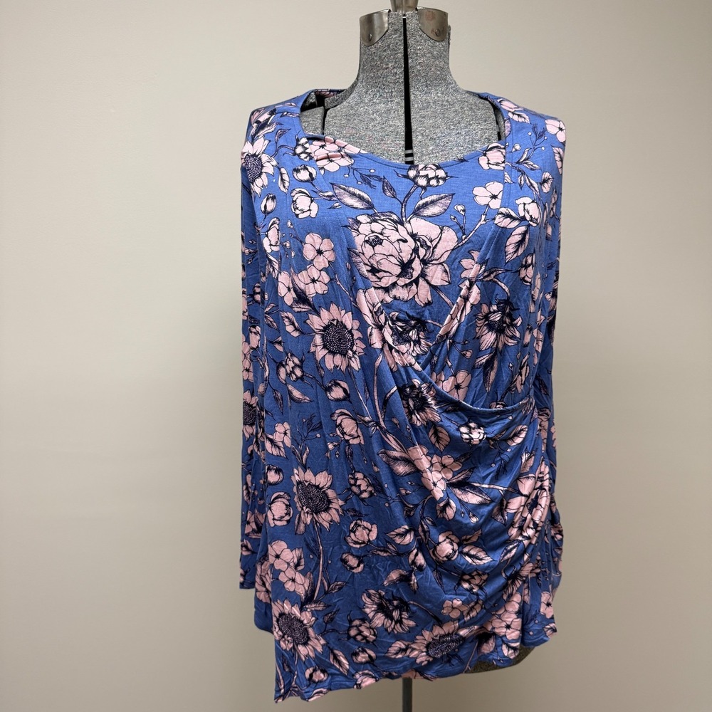 Motherhood Maternity Nursing Top Womens 2X Blue Pink Floral Stretch Double Layer